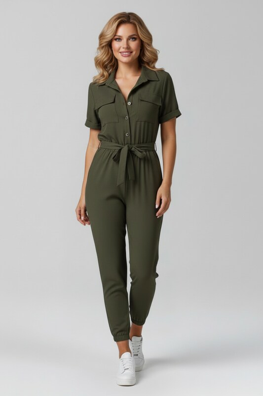 Button Front Jumpsuit with Collar Neckline and Waist Tie