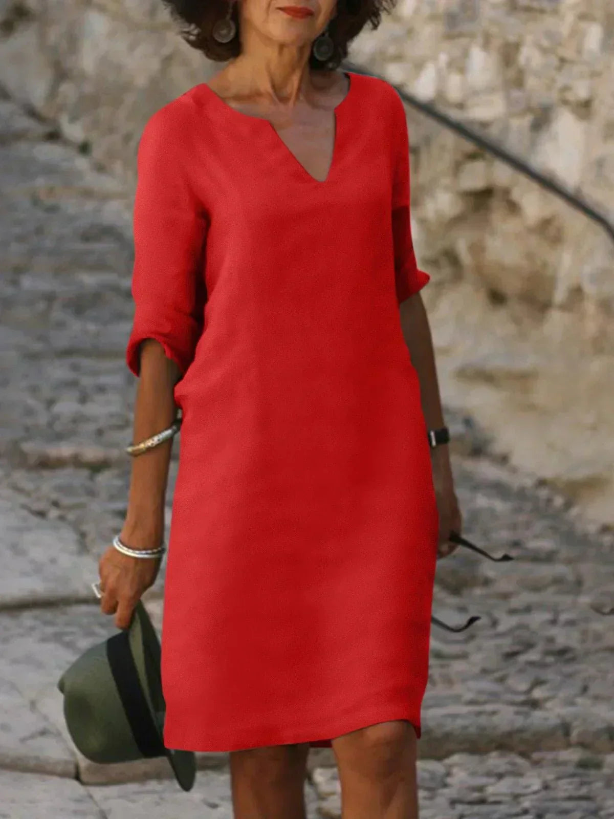Elegant V Neck Midi Dress With Sleeves