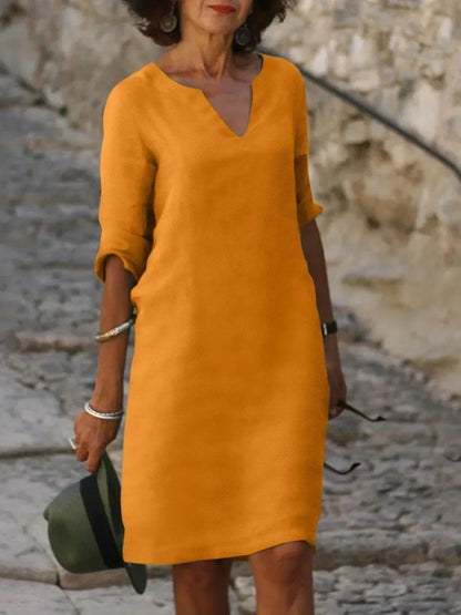 Elegant V Neck Midi Dress With Sleeves
