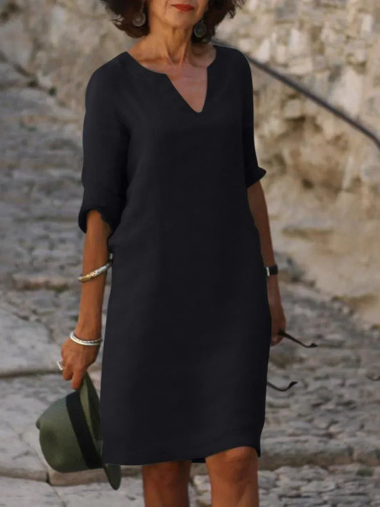 Elegant V Neck Midi Dress With Sleeves
