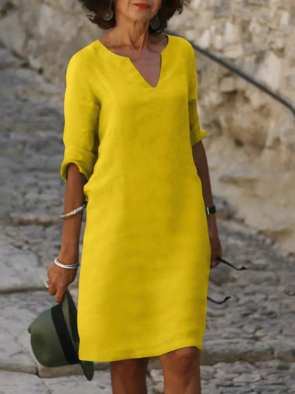 Elegant V Neck Midi Dress With Sleeves