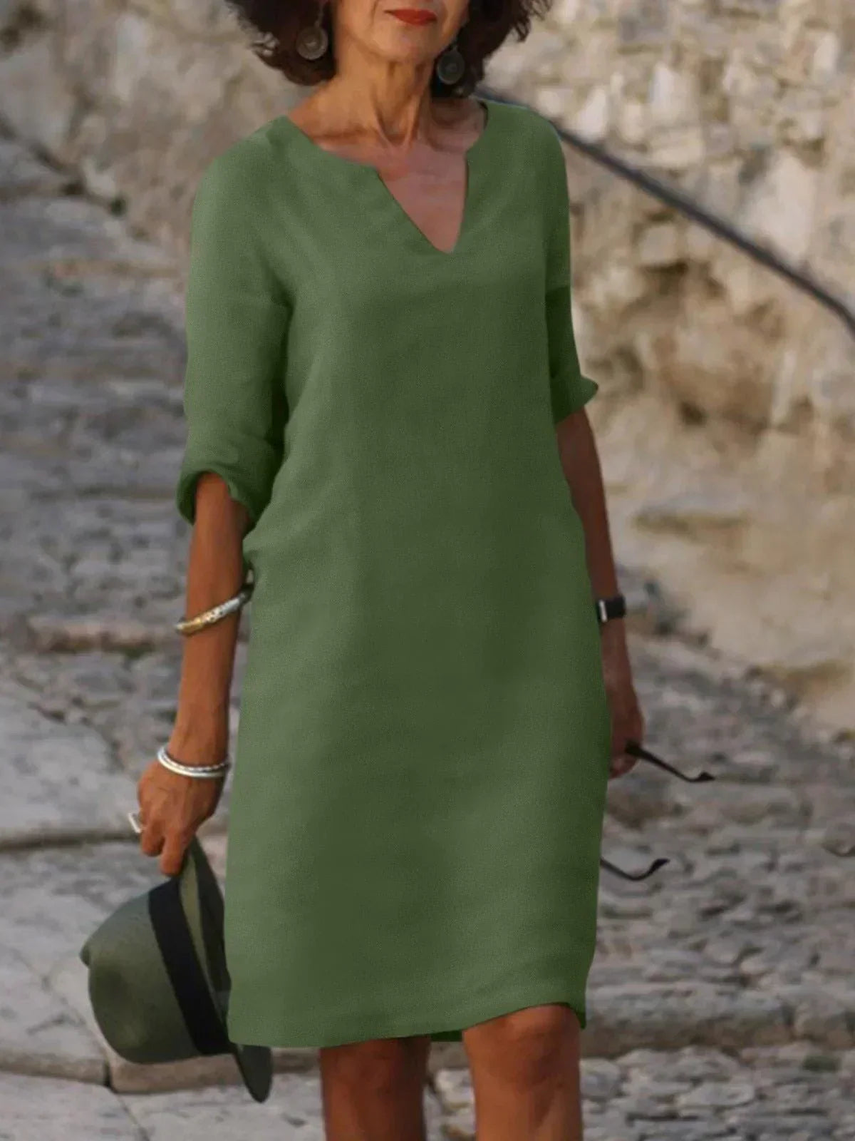 Elegant V Neck Midi Dress With Sleeves