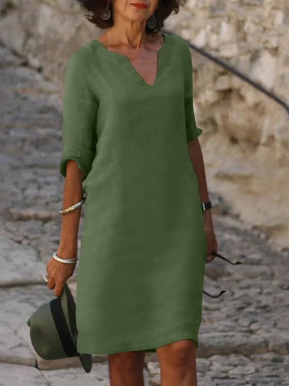 Elegant V Neck Midi Dress With Sleeves