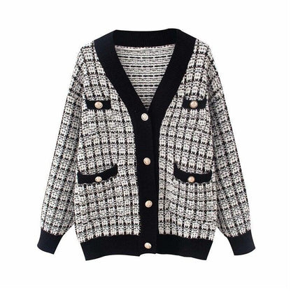 Women's Tweed Check V Neck Cardigan With Pockets