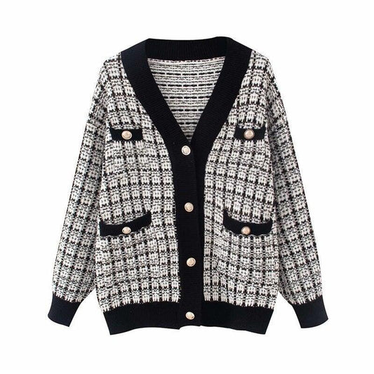 Women's Tweed Check V Neck Cardigan With Pockets