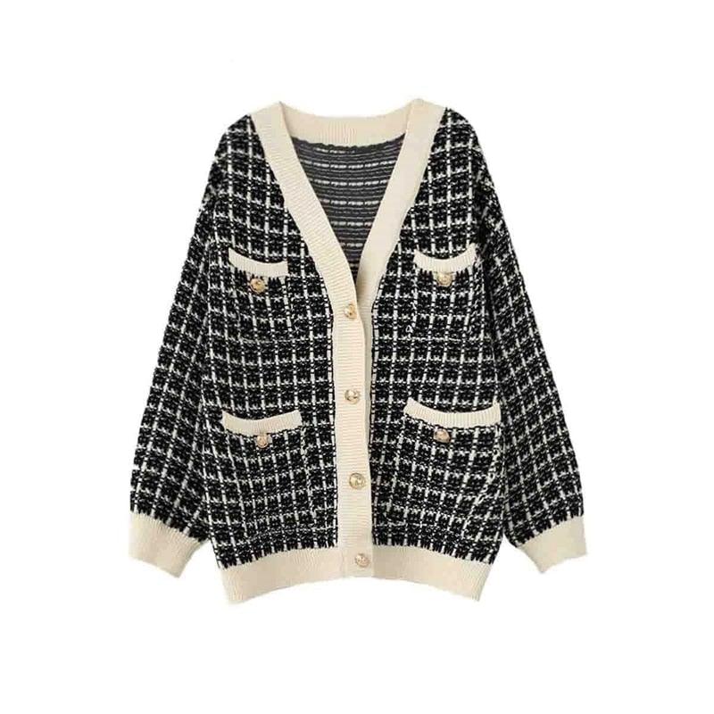Women's Tweed Check V Neck Cardigan With Pockets