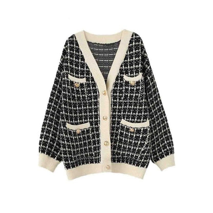 Women's Tweed Check V Neck Cardigan With Pockets