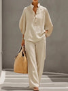 Collared Top and Wide Leg Trousers Two-Piece Set