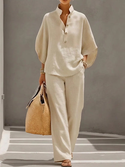 Collared Top and Wide Leg Trousers Two-Piece Set