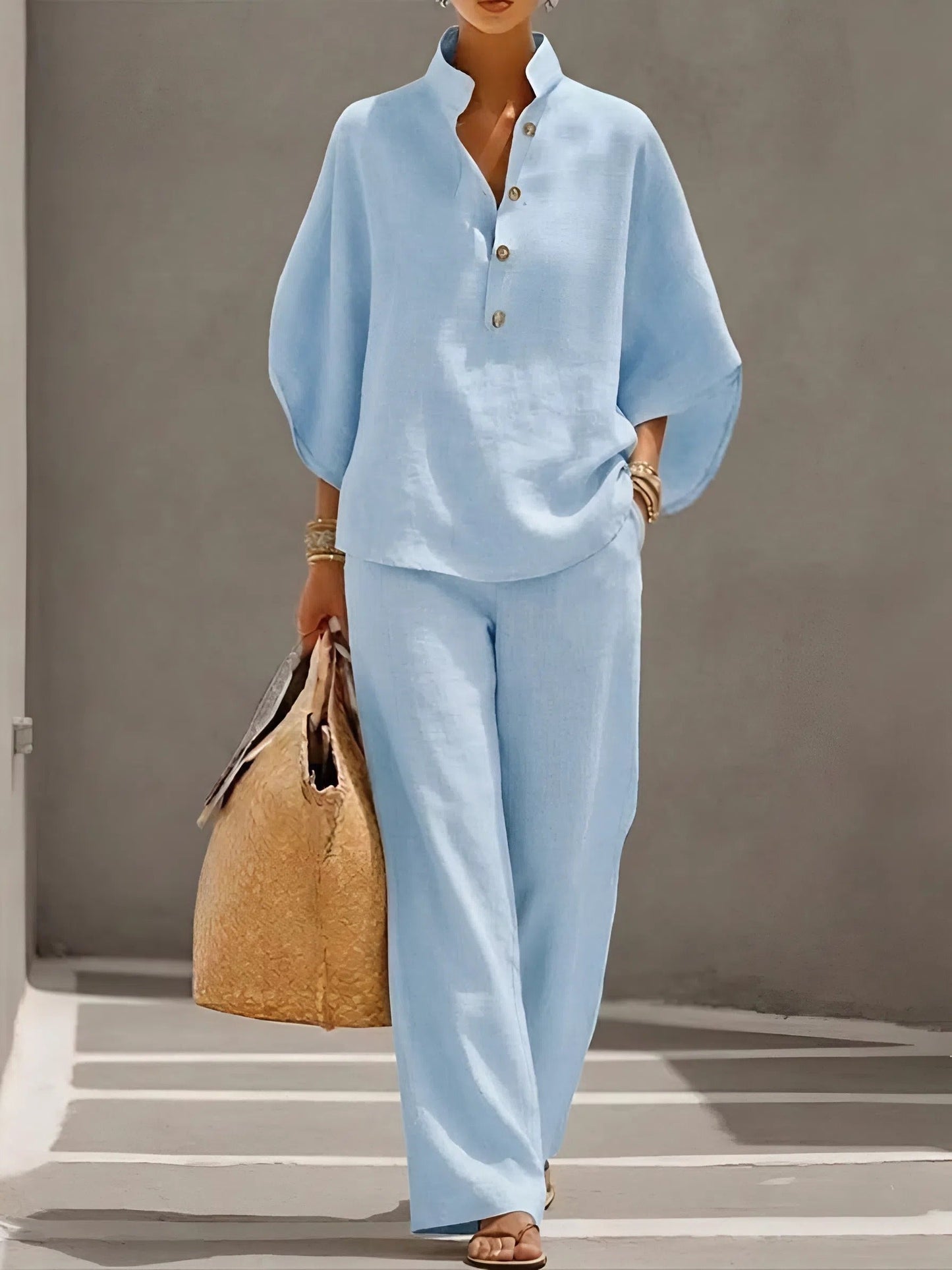 Collared Top and Wide Leg Trousers Two-Piece Set