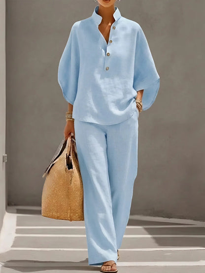 Collared Top and Wide Leg Trousers Two-Piece Set