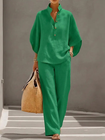Collared Top and Wide Leg Trousers Two-Piece Set
