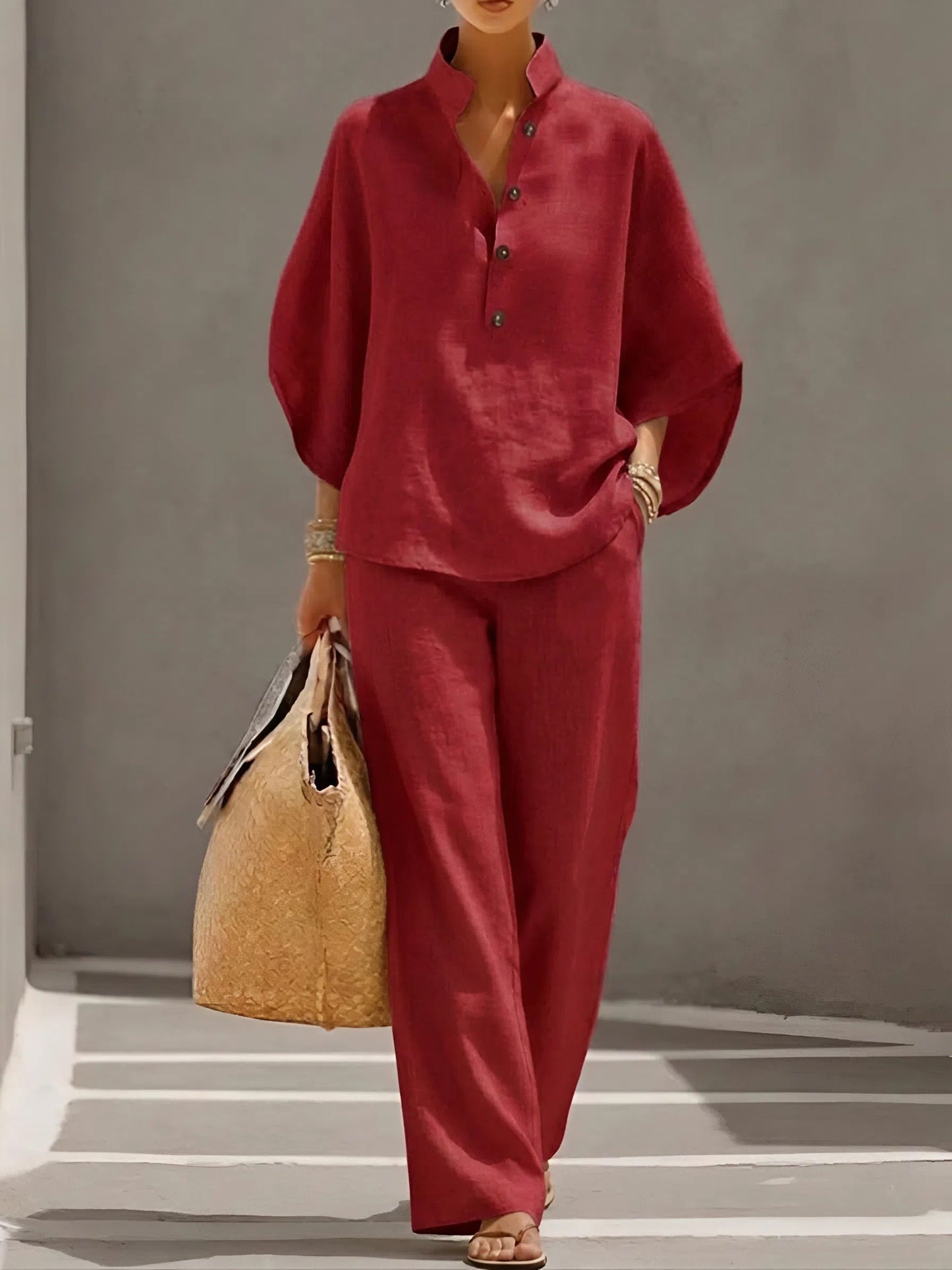 Collared Top and Wide Leg Trousers Two-Piece Set