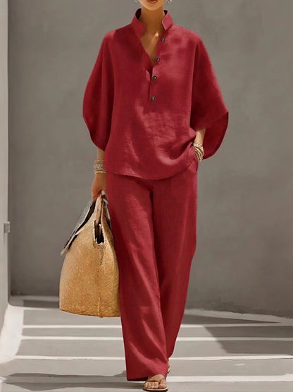 Collared Top and Wide Leg Trousers Two-Piece Set