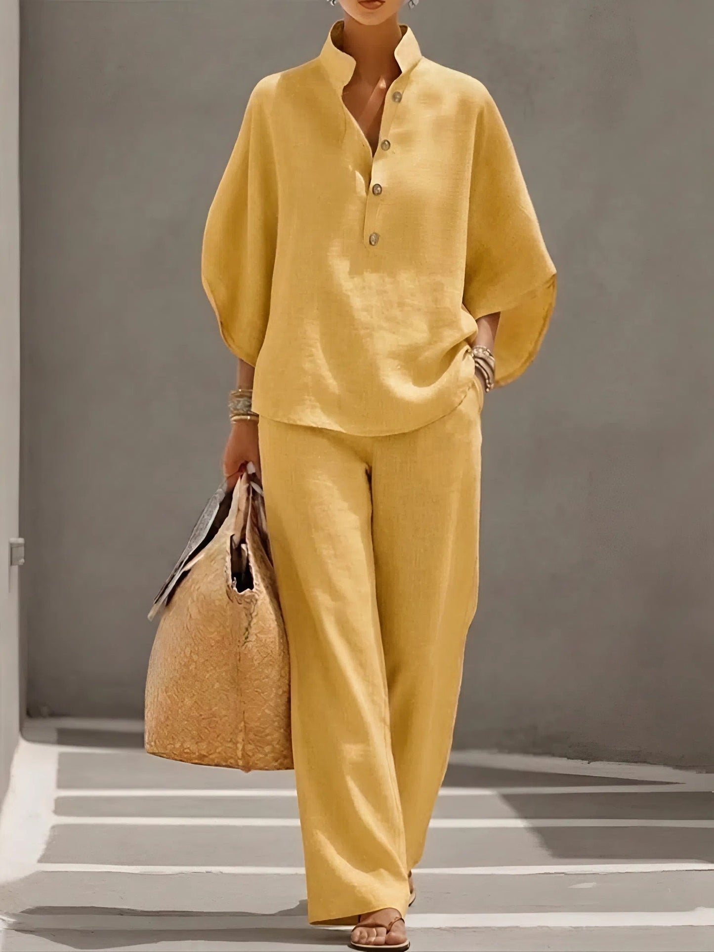 Collared Top and Wide Leg Trousers Two-Piece Set