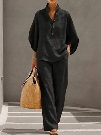 Collared Top and Wide Leg Trousers Two-Piece Set