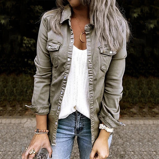 Women's Button-Up Shirt Jacket With Chest Pockets