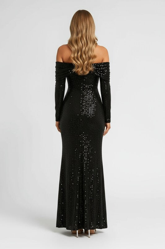 Off Shoulder Evening Gown Women Fitted Silhouette Sequin Detail