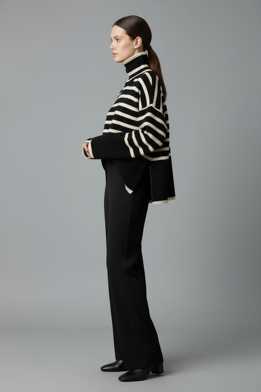 Striped Turtleneck Sweater Women Relaxed Fit Soft Knit