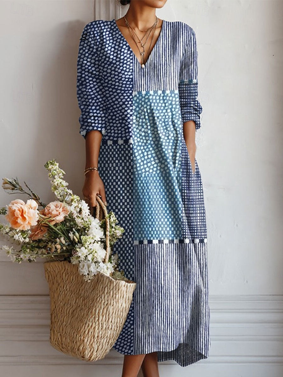 Patchwork Print V Neck Maxi Dress