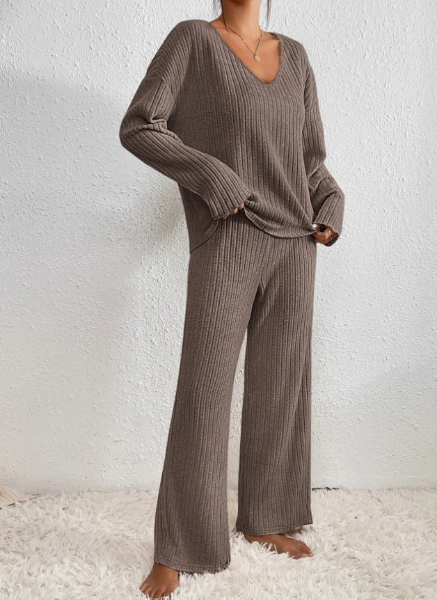 V Neck Knit Loungewear Set With Wide Leg Trousers