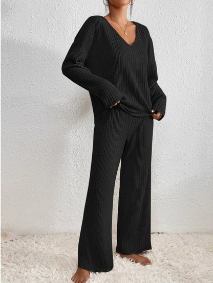 V Neck Knit Loungewear Set With Wide Leg Trousers