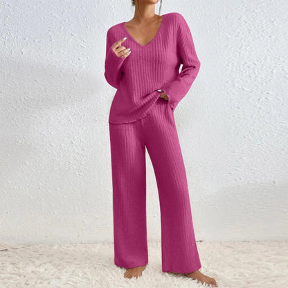 V Neck Knit Loungewear Set With Wide Leg Trousers