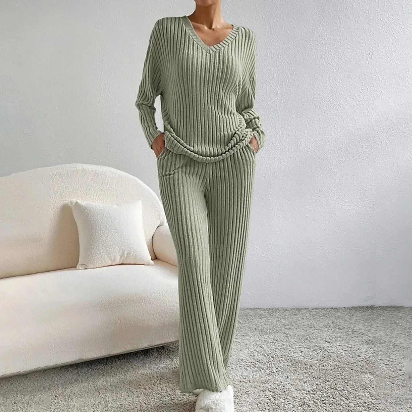 V Neck Knit Loungewear Set With Wide Leg Trousers