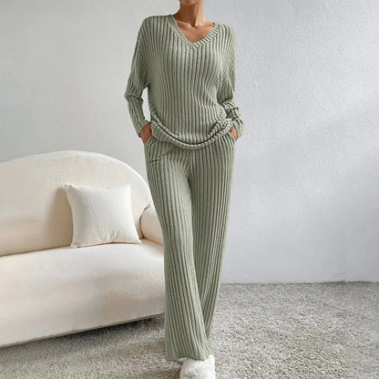 V Neck Knit Loungewear Set With Wide Leg Trousers