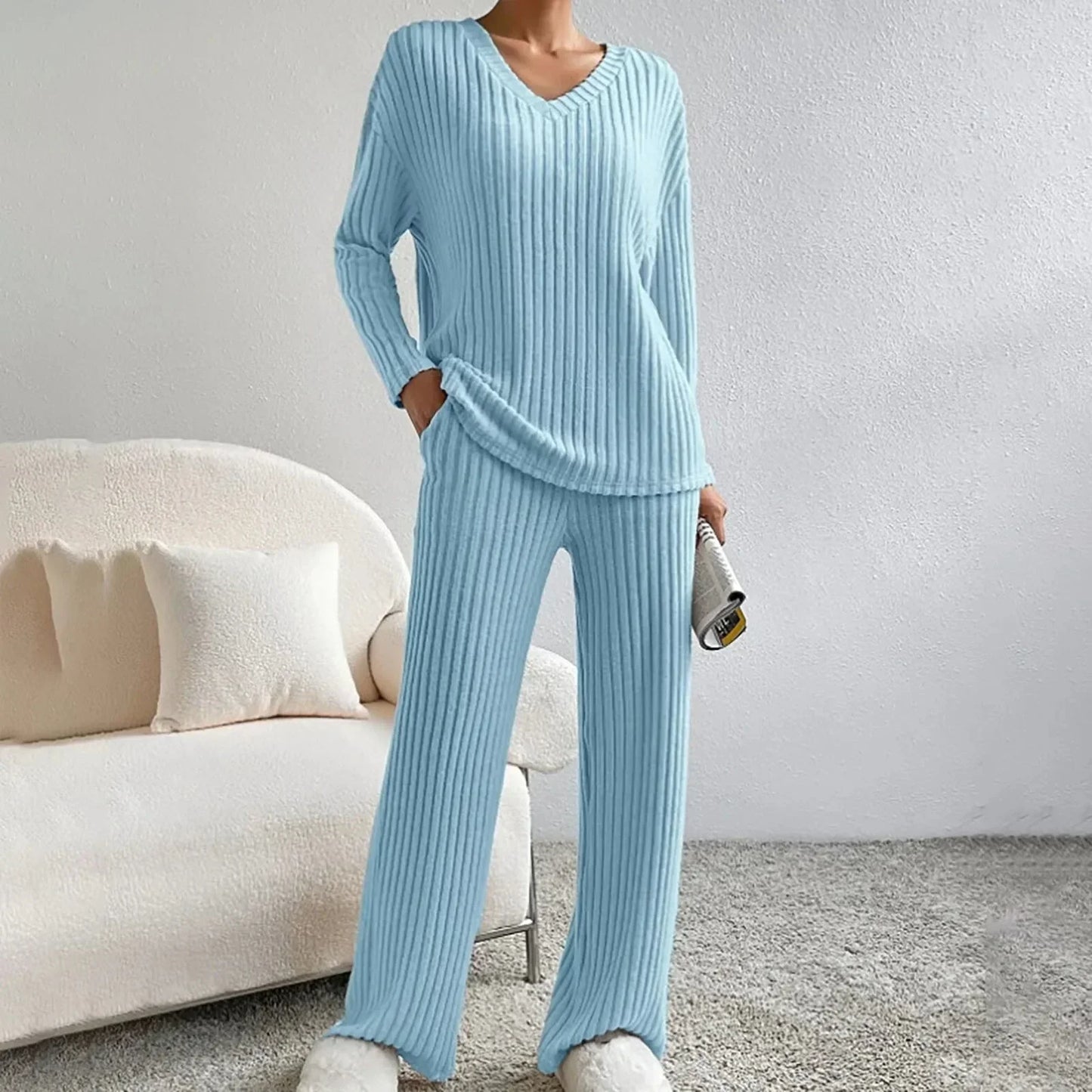 V Neck Knit Loungewear Set With Wide Leg Trousers