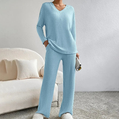 V Neck Knit Loungewear Set With Wide Leg Trousers