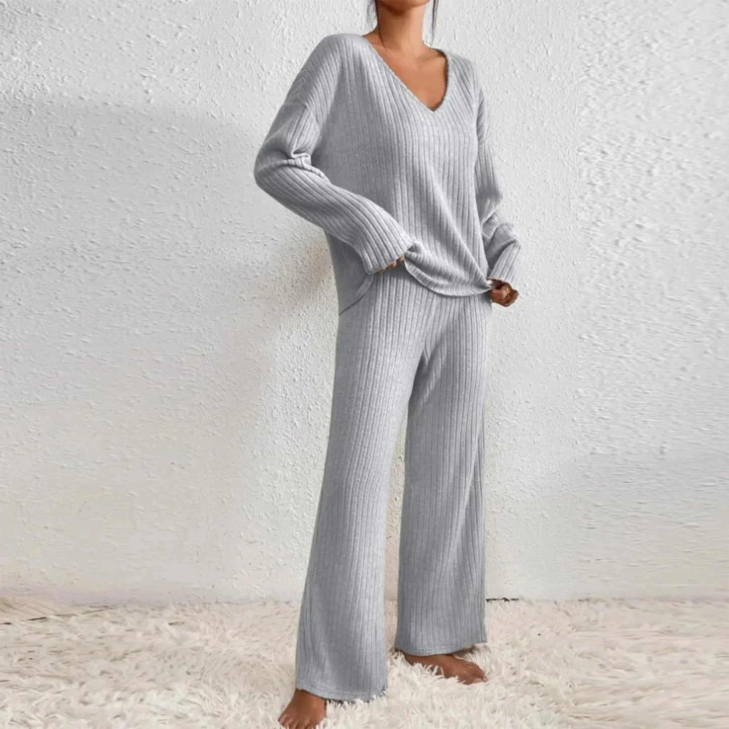 V Neck Knit Loungewear Set With Wide Leg Trousers