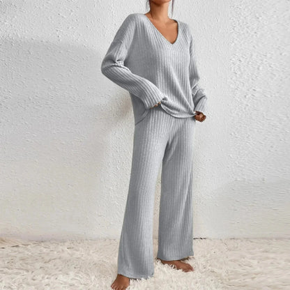 V Neck Knit Loungewear Set With Wide Leg Trousers
