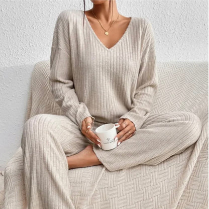 V Neck Knit Loungewear Set With Wide Leg Trousers