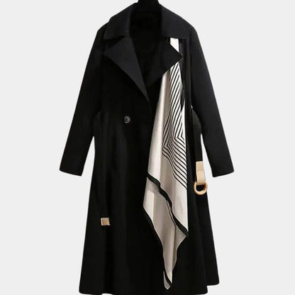 Women's Belted Midi Trench Coat with Contrast Scarf Detail