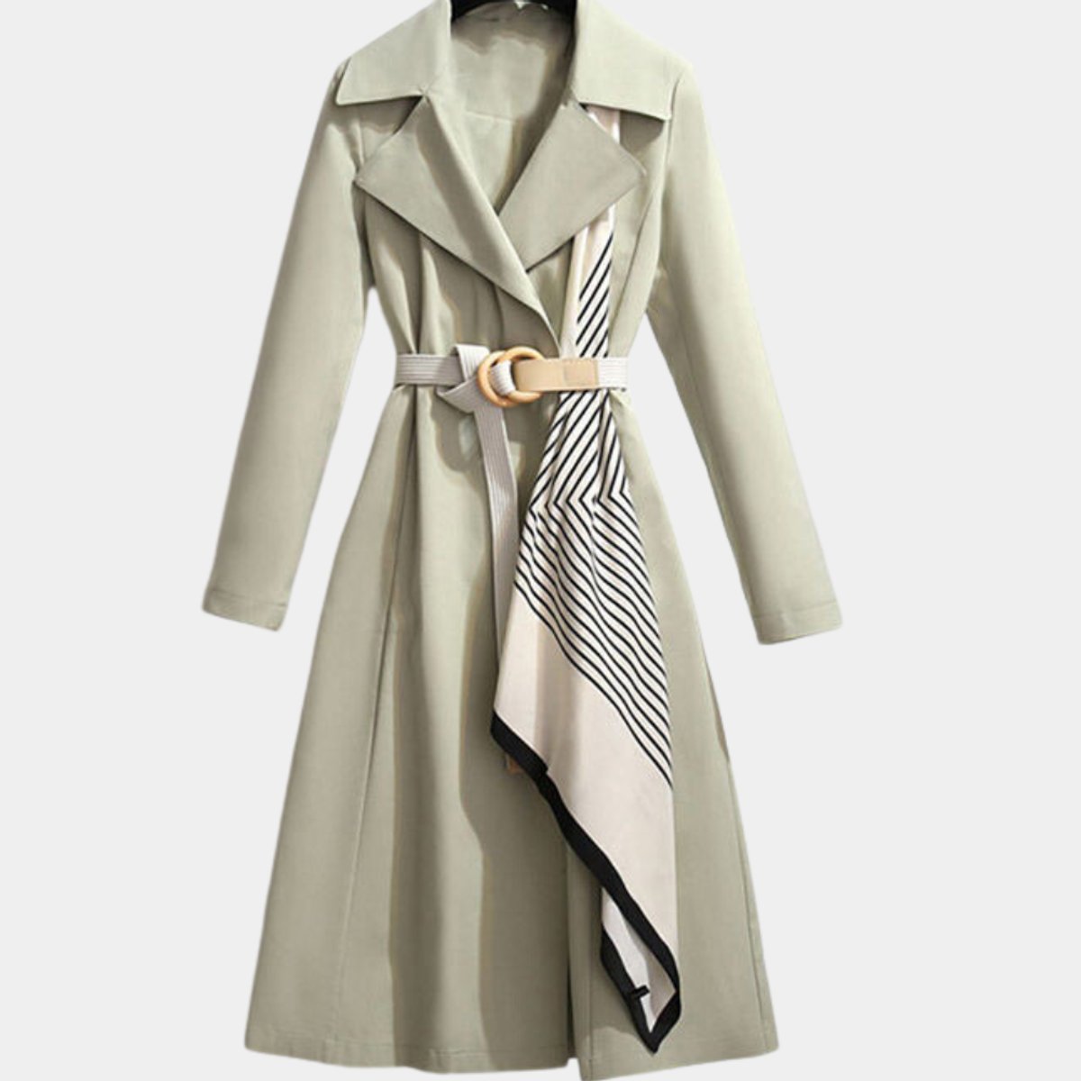 Women's Belted Midi Trench Coat with Contrast Scarf Detail