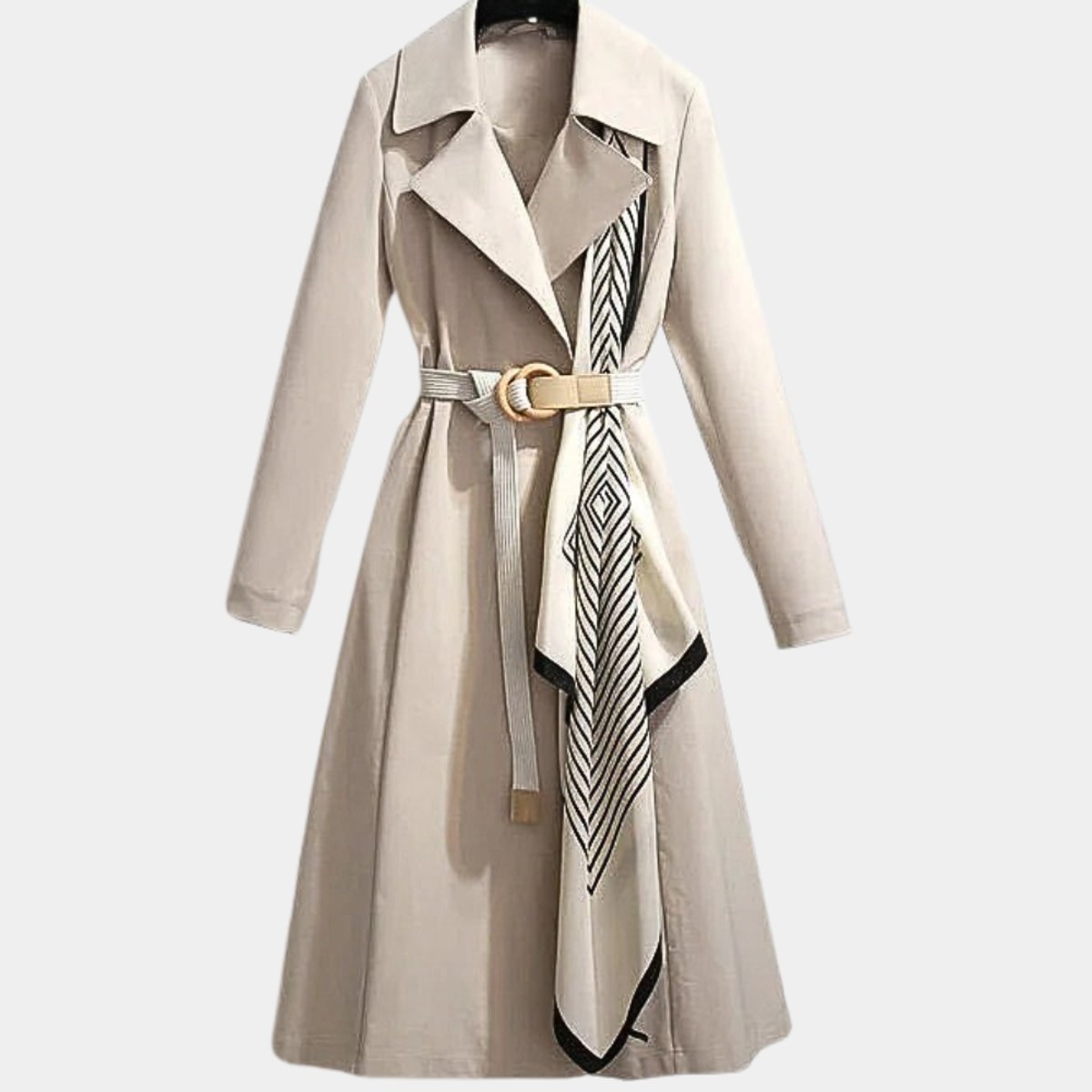 Women's Belted Midi Trench Coat with Contrast Scarf Detail