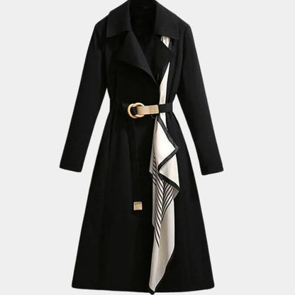 Women's Belted Midi Trench Coat with Contrast Scarf Detail