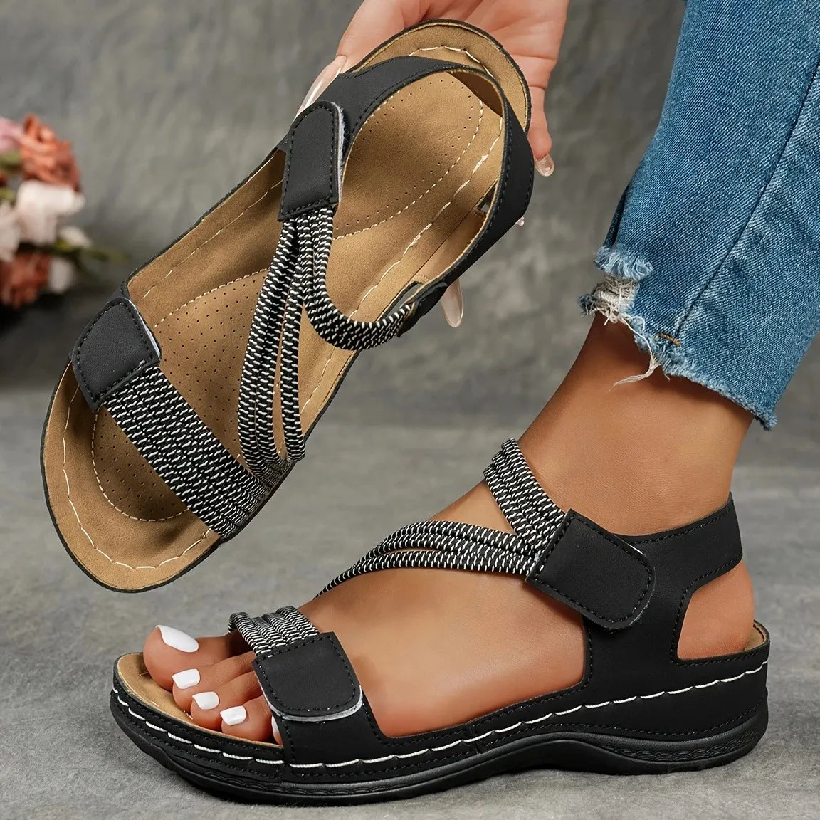 Braided Band Wedge Sandals With Hook Loop Ankle Strap