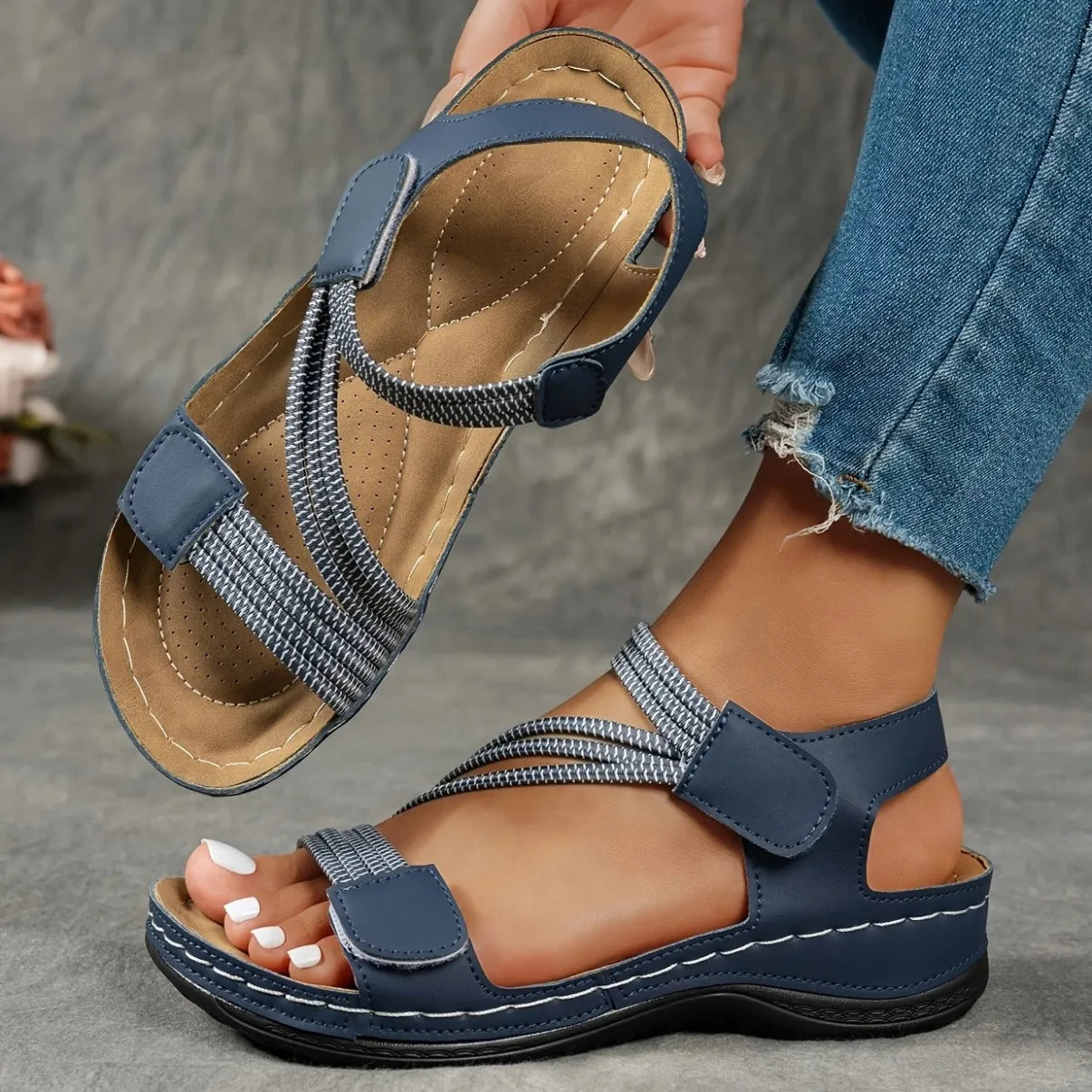 Braided Band Wedge Sandals With Hook Loop Ankle Strap