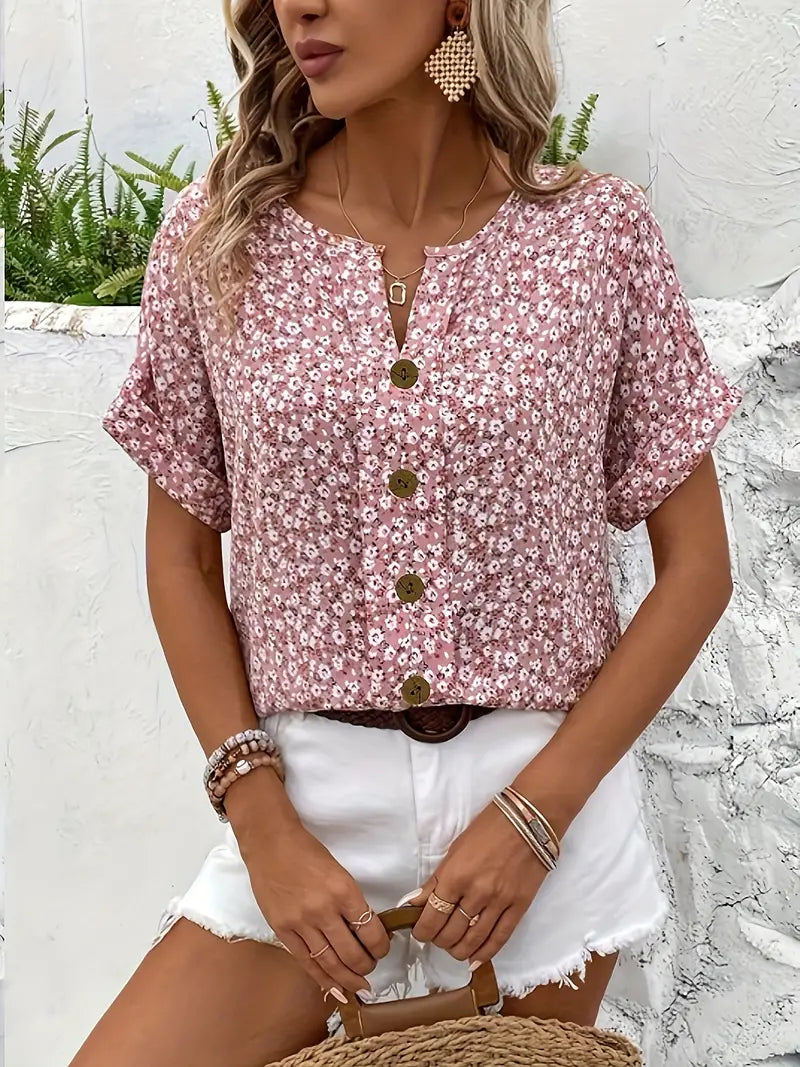 Floral Button Front V Neck Batwing Sleeve Blouse