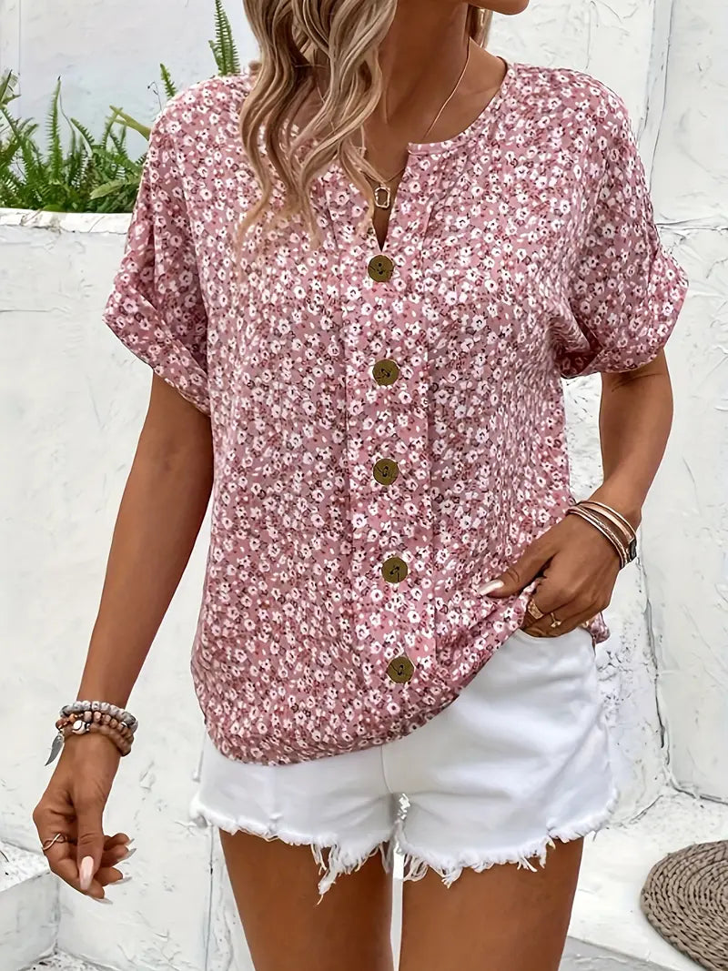 Floral Button Front V Neck Batwing Sleeve Blouse