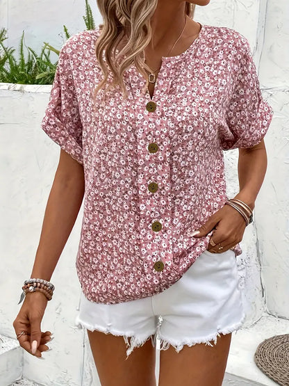 Floral Button Front V Neck Batwing Sleeve Blouse