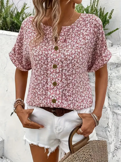 Floral Button Front V Neck Batwing Sleeve Blouse