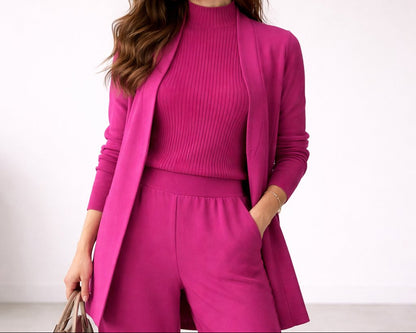 Women's Three-Piece Knit Lounge Set With Longline Cardigan
