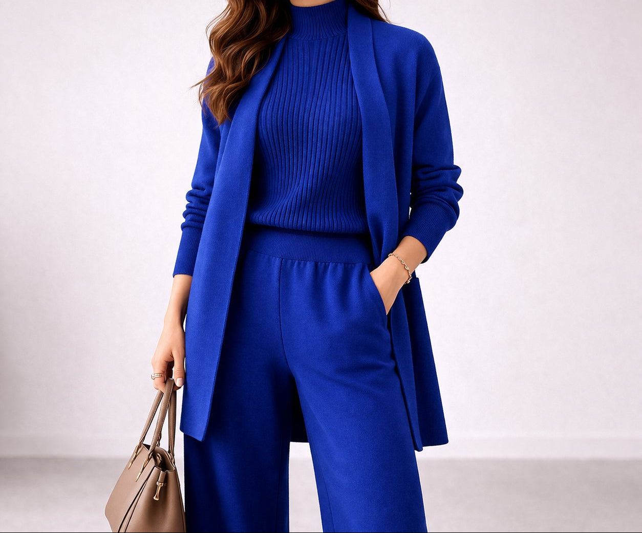 Women's Three-Piece Knit Lounge Set With Longline Cardigan