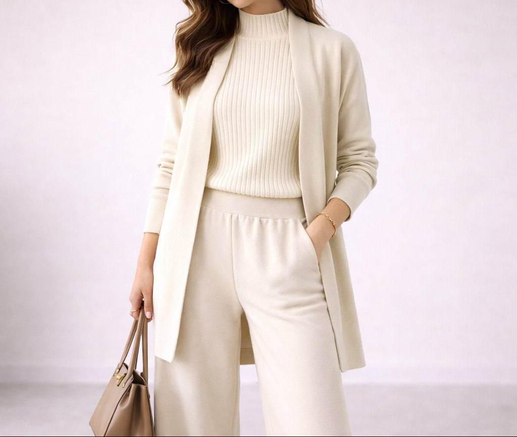 Women's Three-Piece Knit Lounge Set With Longline Cardigan