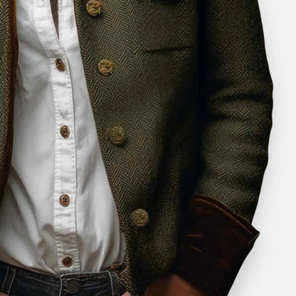 Tweed Jacket With Velvet Cuffs and Gold Buttons