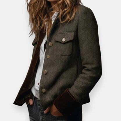 Tweed Jacket With Velvet Cuffs and Gold Buttons