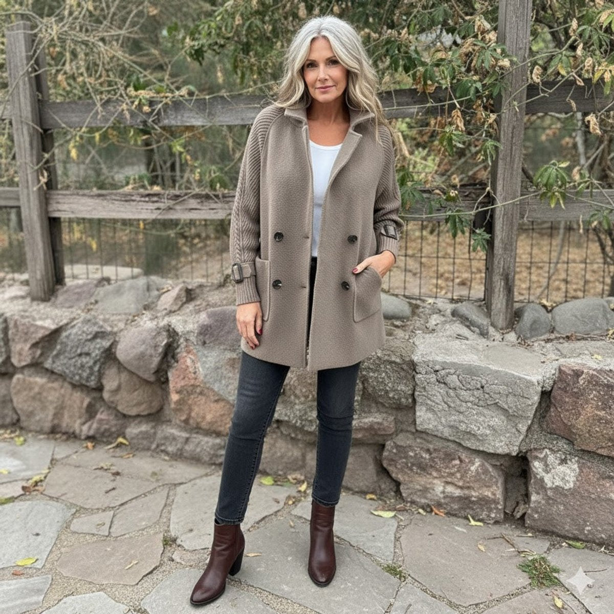 Women's Double-Breasted Jacket with Cable-Knit Sleeves